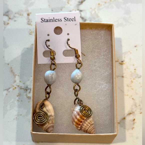 Stainless Steel Shell Dangle Earrings - Picture 1 of 5